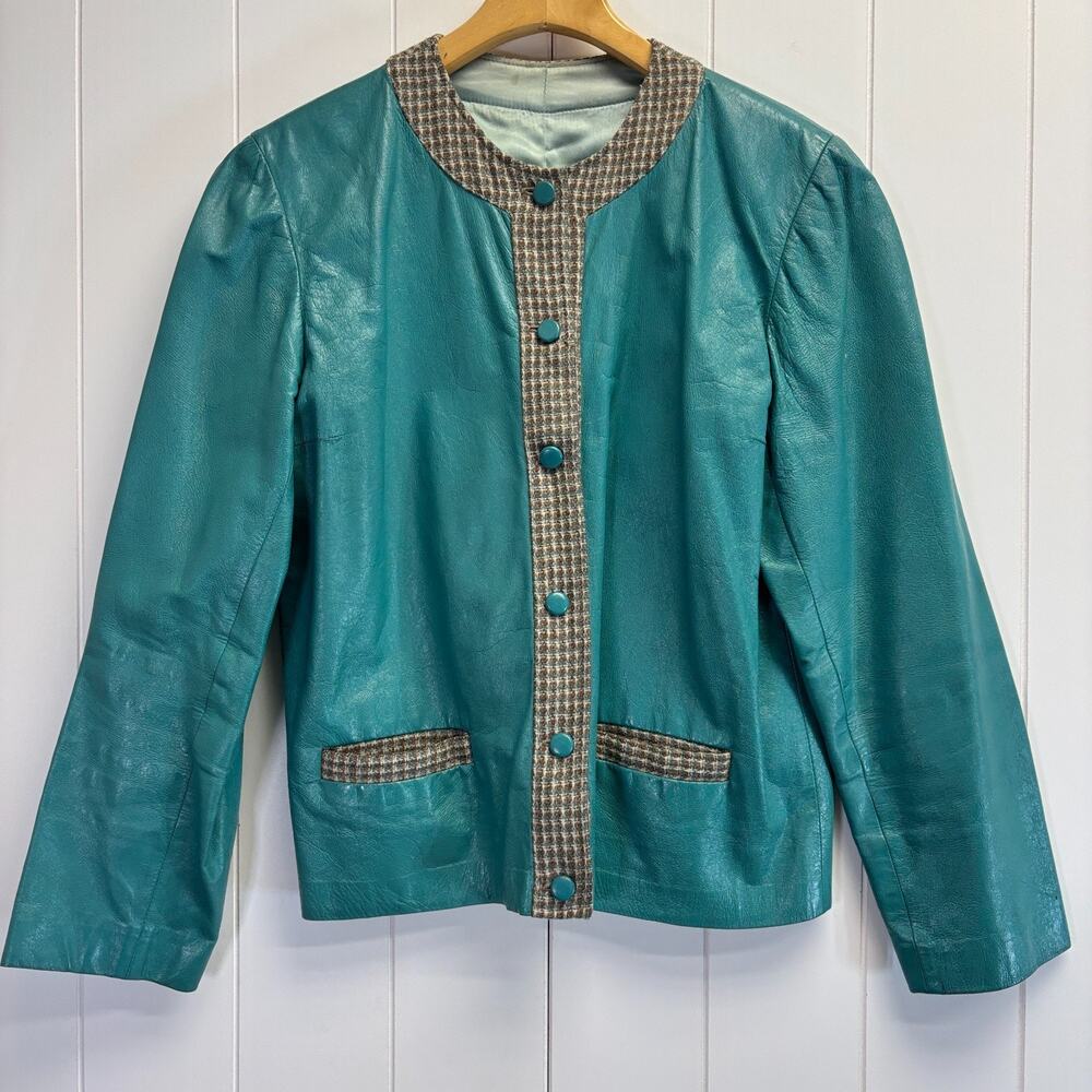 Vintage Samuel Robert Womens 60s Retro Leather Plaid Jacket Size M Classic Twee